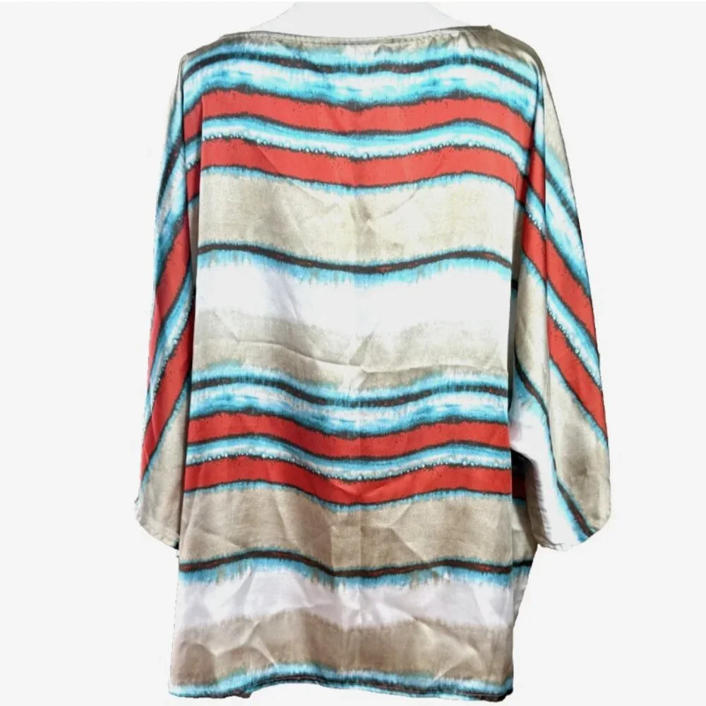 Vintage Michael Kors Plus Size 2X‎ Flowy Blouse Blue Orange Side Tie Boho Top